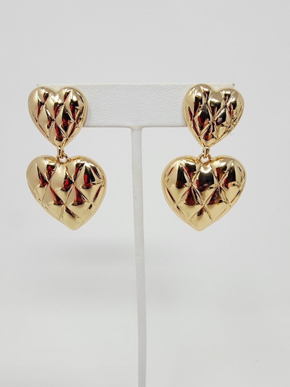 Vintage Quilted Heart Dangle Earrings Gold Tone Earrings